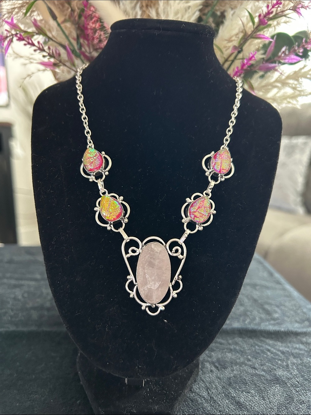 Sterling Silver Rose Quartz Triplet Opal Gemstone Necklace.